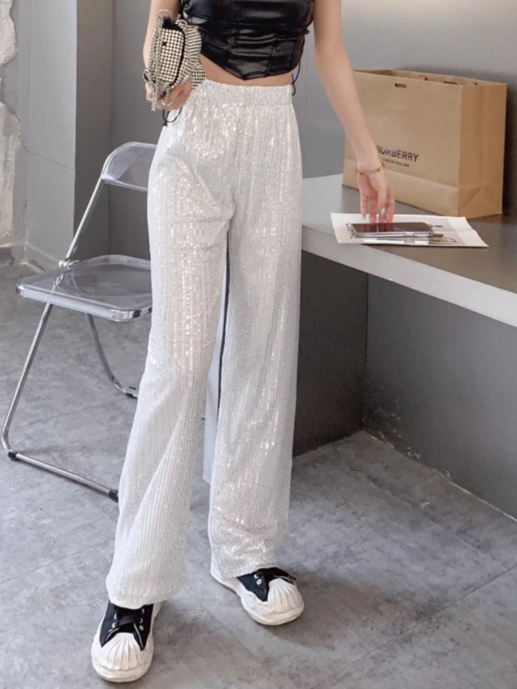 Pantalon taille haute en velours, à la mode, à paillettes, jambes larges, taille élastique, brillant, jambes droites, nouvelle collection automne