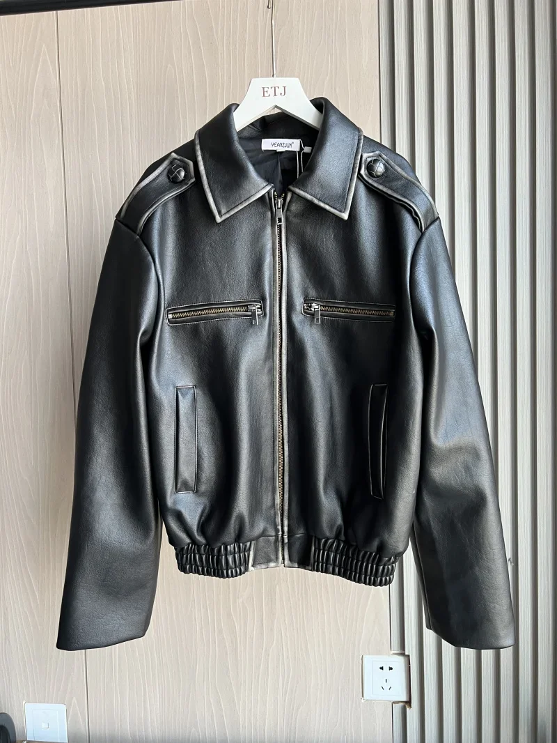 Pop ผู้หญิงเสื้อหนัง Faux ฤดูใบไม้ร่วง-ฤดูหนาว Vintage Rub Epaulette ซิปตกแต่งแจ็คเก็ตหนังหนา