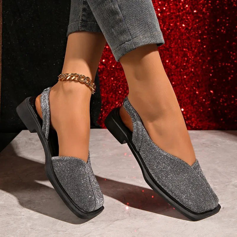 Elegant Glitter Slingback Flats for Women - Silver Square Toe 2.5CM Low Heel Slip-On Casual & Party Flat Shoes view 4