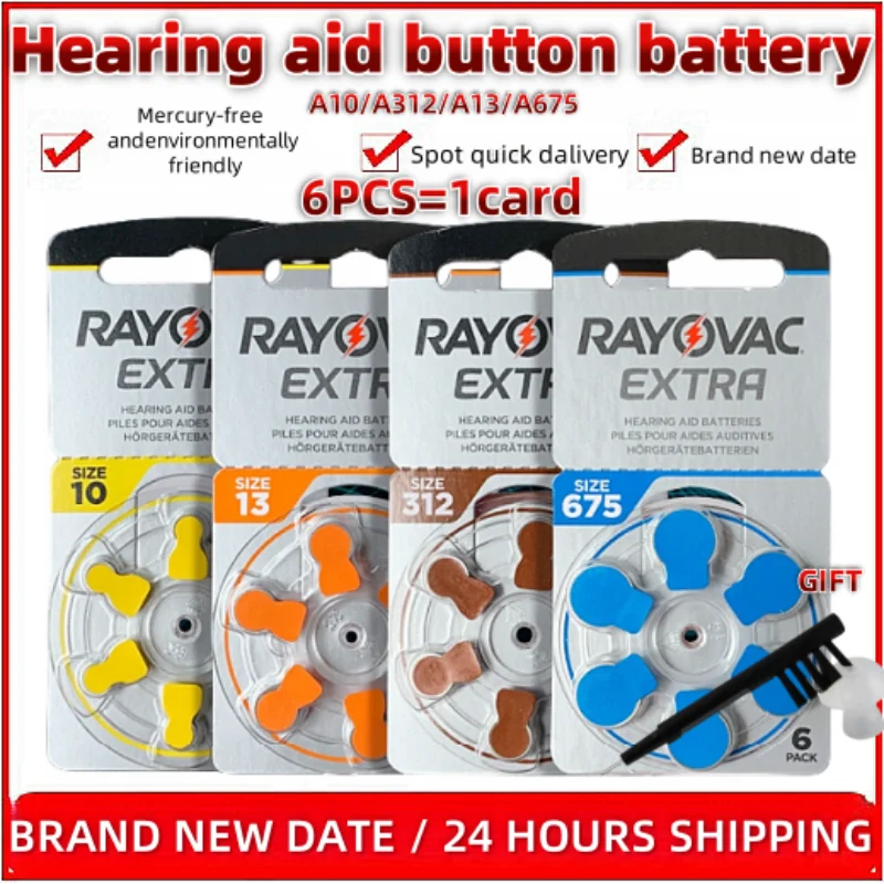 6pcs Rayovac Extra Hearing Aid Batteries A10 A13 A312 A675 Zinc Air 1.45V Zinc Air Batteries For BTE CIC RIC Sound Amplifier