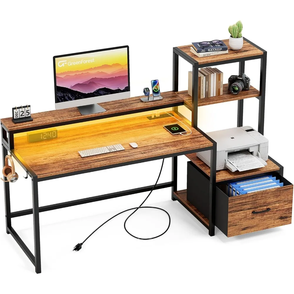 Office Desk with Power Outlets and Printer Shelf, 68.8 inch Computer Desk with LED and Drawer, Reversible Gaming Desk