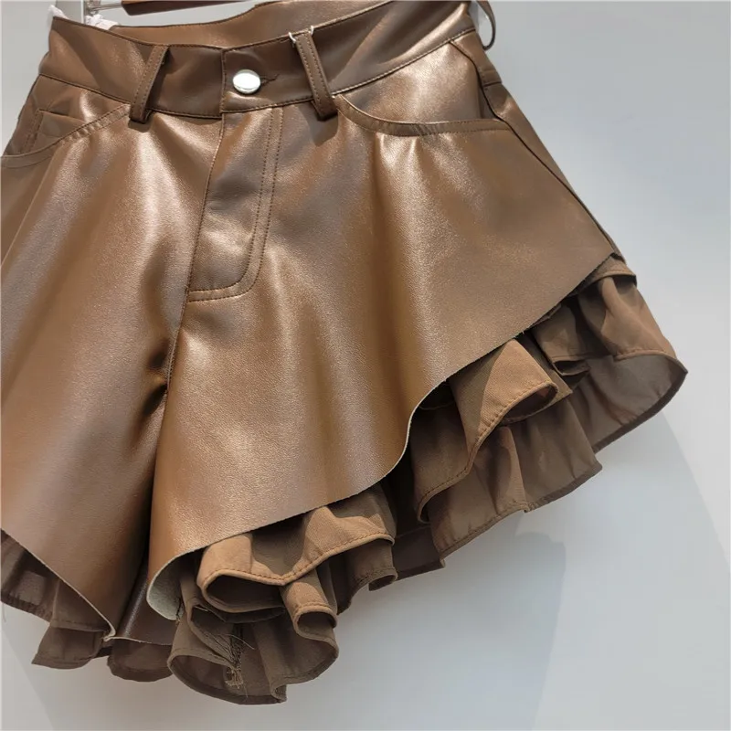 WTHT Trendy Summer 2026 Women's Double-layer Spliced PU Leather Shorts Fashion A-line High-waisted Short Pants Female 1LS3101