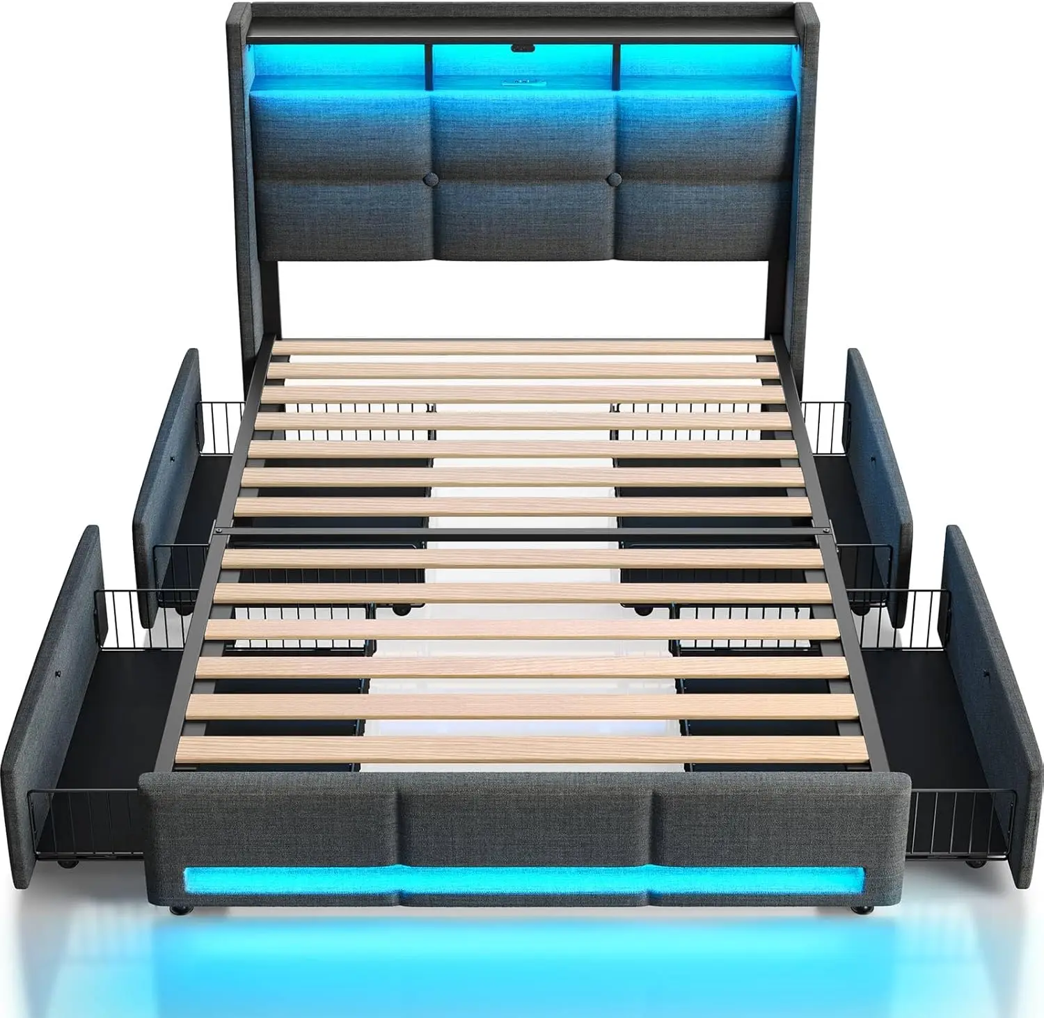 Twin Size Bed Frame with LED Lights and Charging Station, Upholstered Bed Storage Headboard & Drawers, Heavy Duty Wood Slats, Ea