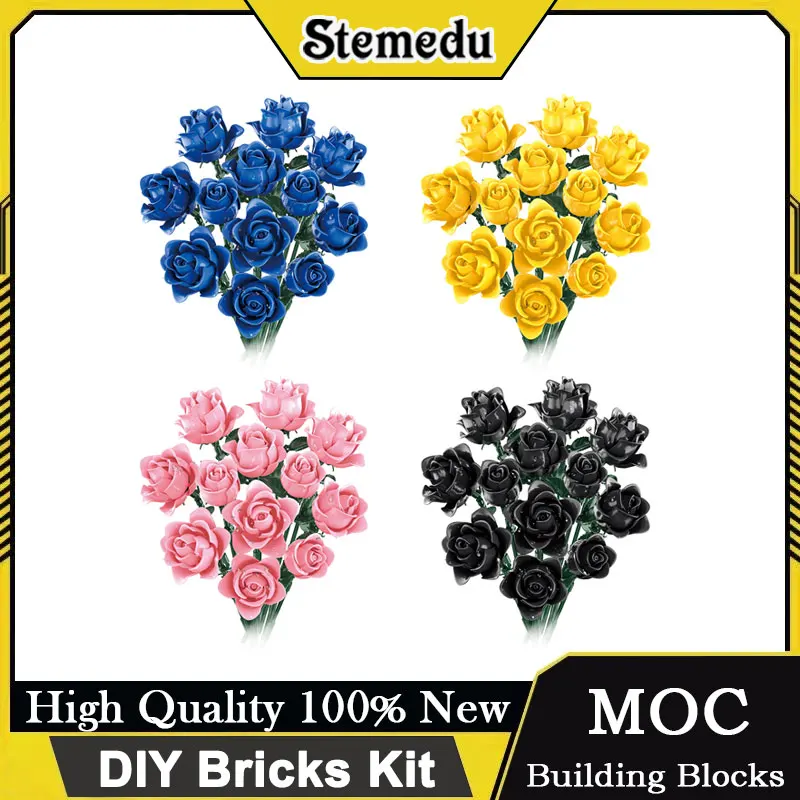 

Креативный темно-черный, розовый, фиолетовый букет роз, набор строительных блоков, готическая романтическая ботаническая коллекция, цветочные подробные кирпичи
