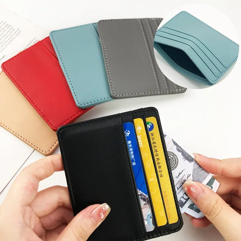 Slim Leather Credit Card Holder Fashion Solid Color Women Men 4 Slot ID Card Case Mini Wallet Purse
