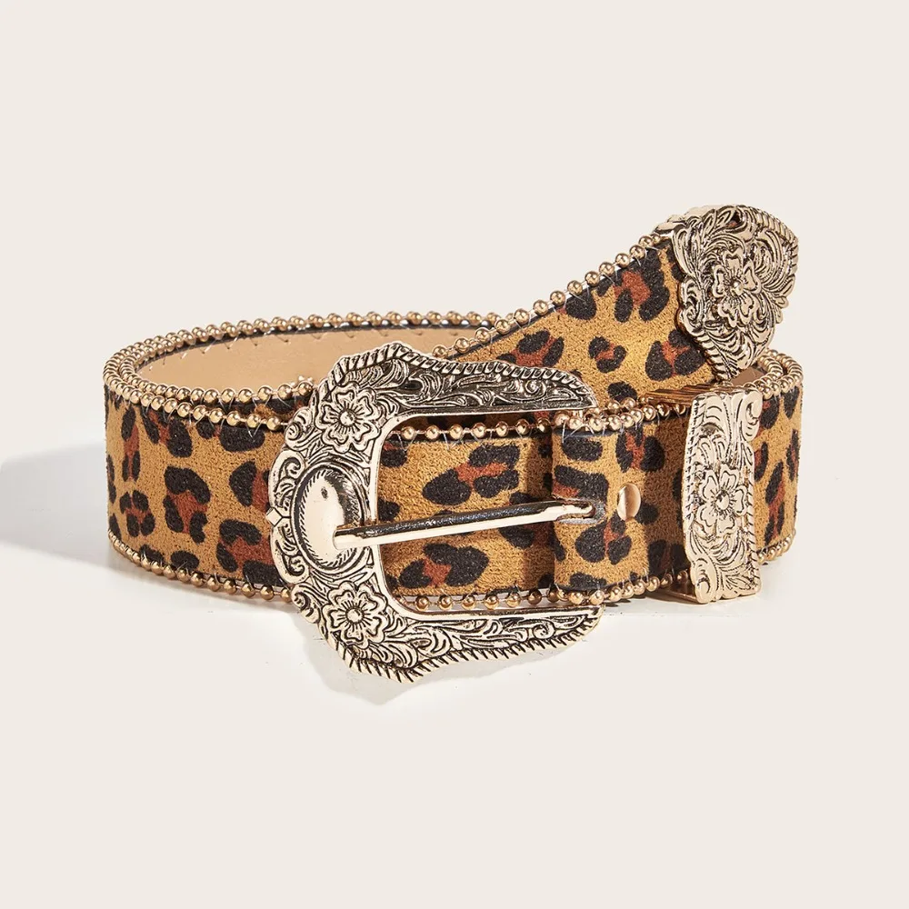 

Ретро-ремень Y2K с леопардовым принтом, винтажный ремень с резной пряжкой, украшение для джинсов, пояс из искусственной замши для вечеринок