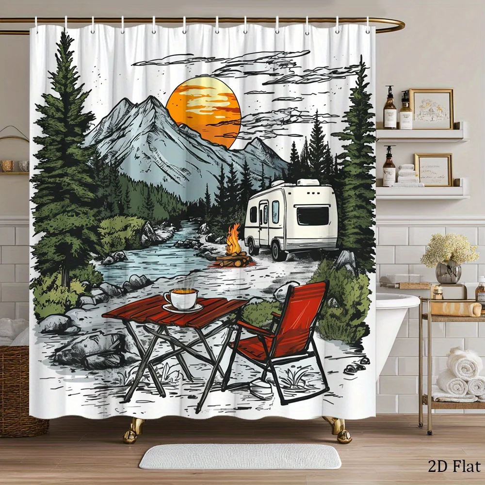 

Waterproof Shower Curtain Forest Camping Nature Mountain Landscape Retro Boho Bathroom Decor Liner