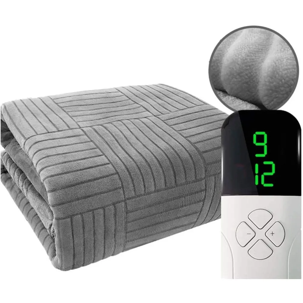 بطانية كهربائية مع مؤقت قابل للتعديل 1-12 ساعة و9 مستويات اختيارية، وبطانية تسخين كهربائي ورؤية عن بعد (رمادي 150 * 80c)