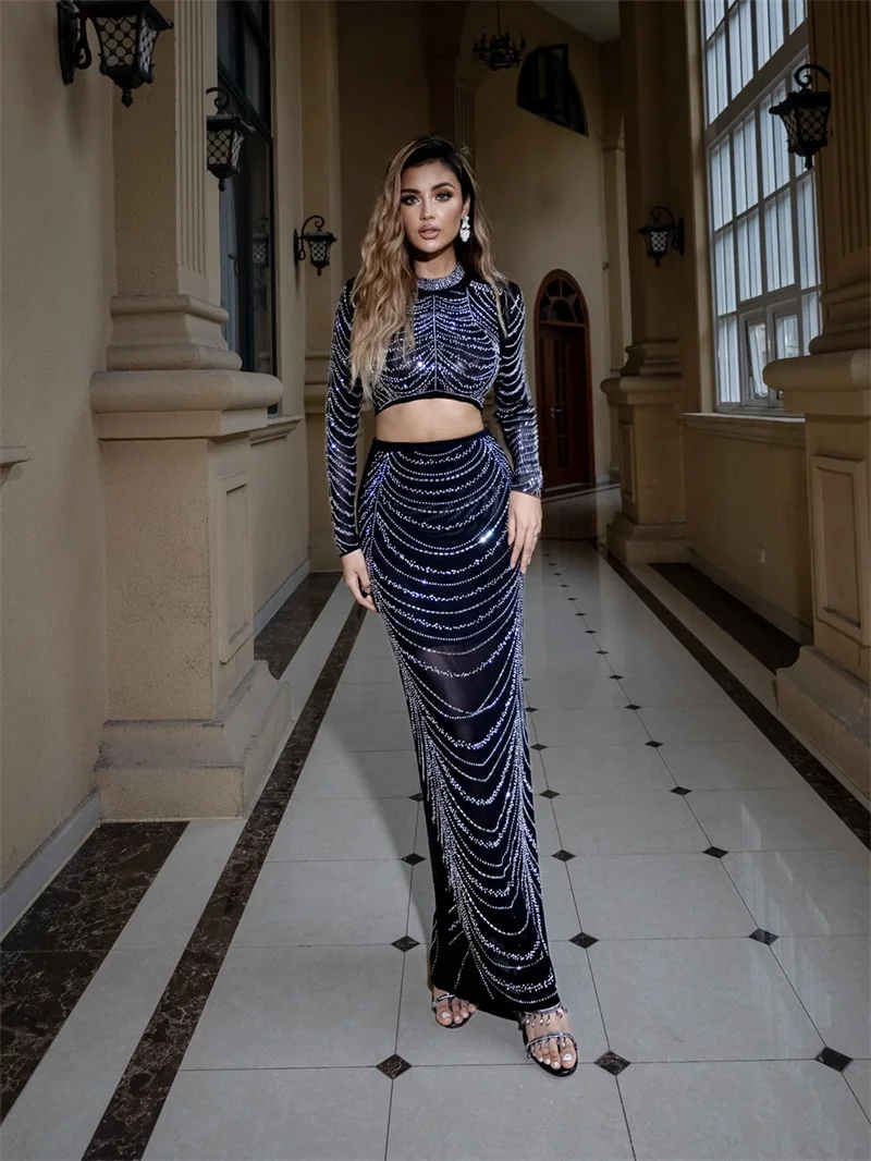 

Luxury Crystals Women's Prom Dress 2 Pieces Skirt Set Short Jacket+Long Robe Party Gown Beige Black Shiny Formal Birthday Wear