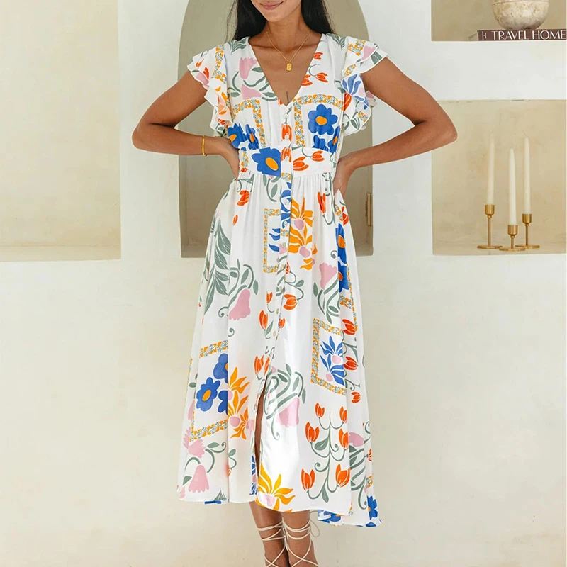 Women's Summer Dress Bohemian Floral Print V Neck Dress Ladies Single Breasted Short Sleeve Casual Holiday Dress 2024