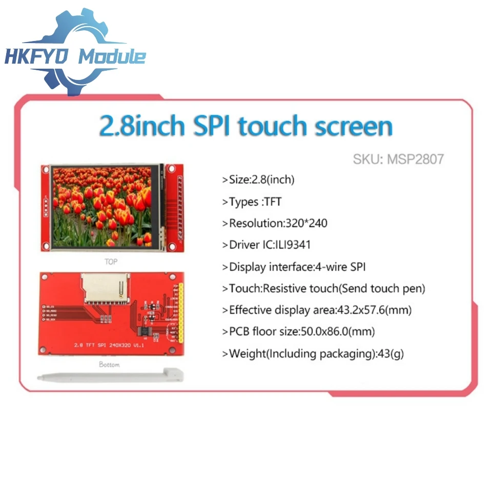 Módulo LCD TFT de 2,8 polegadas 240x320 Interface SPI Driver ILI9341 com painel de toque resistivo e luz de fundo LED branca