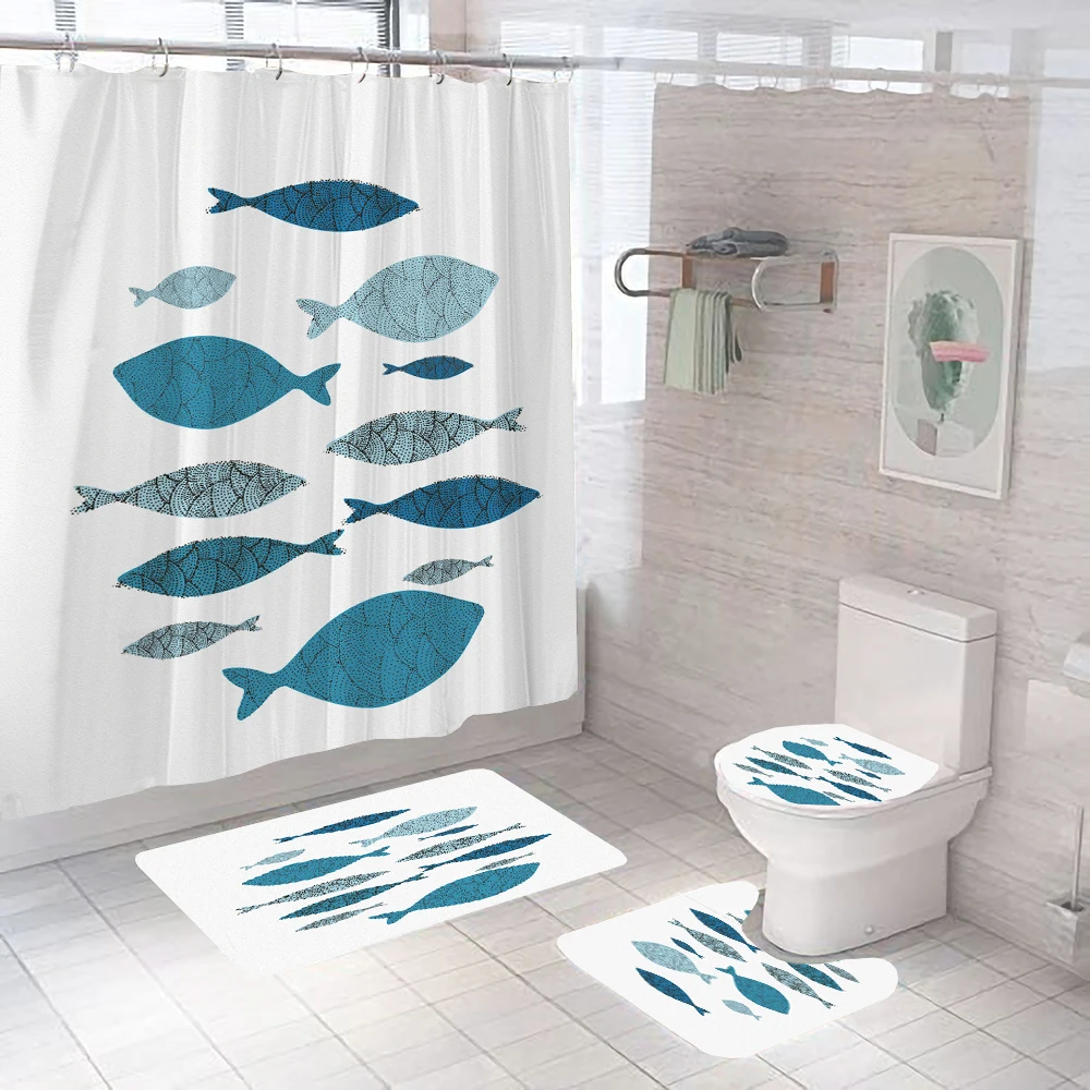 Nordic Minimalism Fish Waterproof Bathroom Shower Curtain Set with 12 Hooks Toilet Bath Mats Rug Non-slip Carpet Toilet Covers