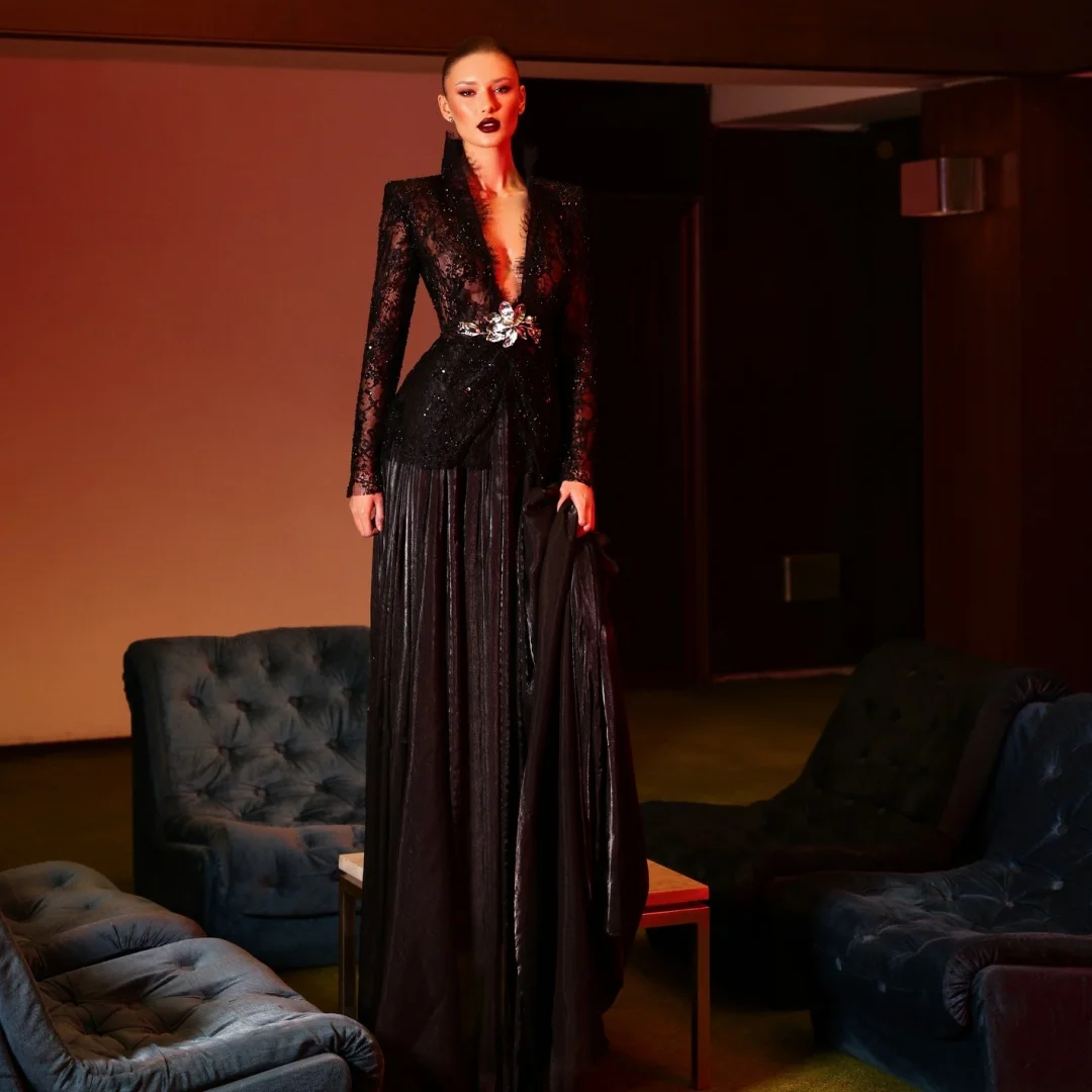 2 pçs vestidos de noite profundo decote em v jaqueta de renda maxi vestido deslumbrante saia plissada vestido de festa de casamento com cinto vestidos personalizados