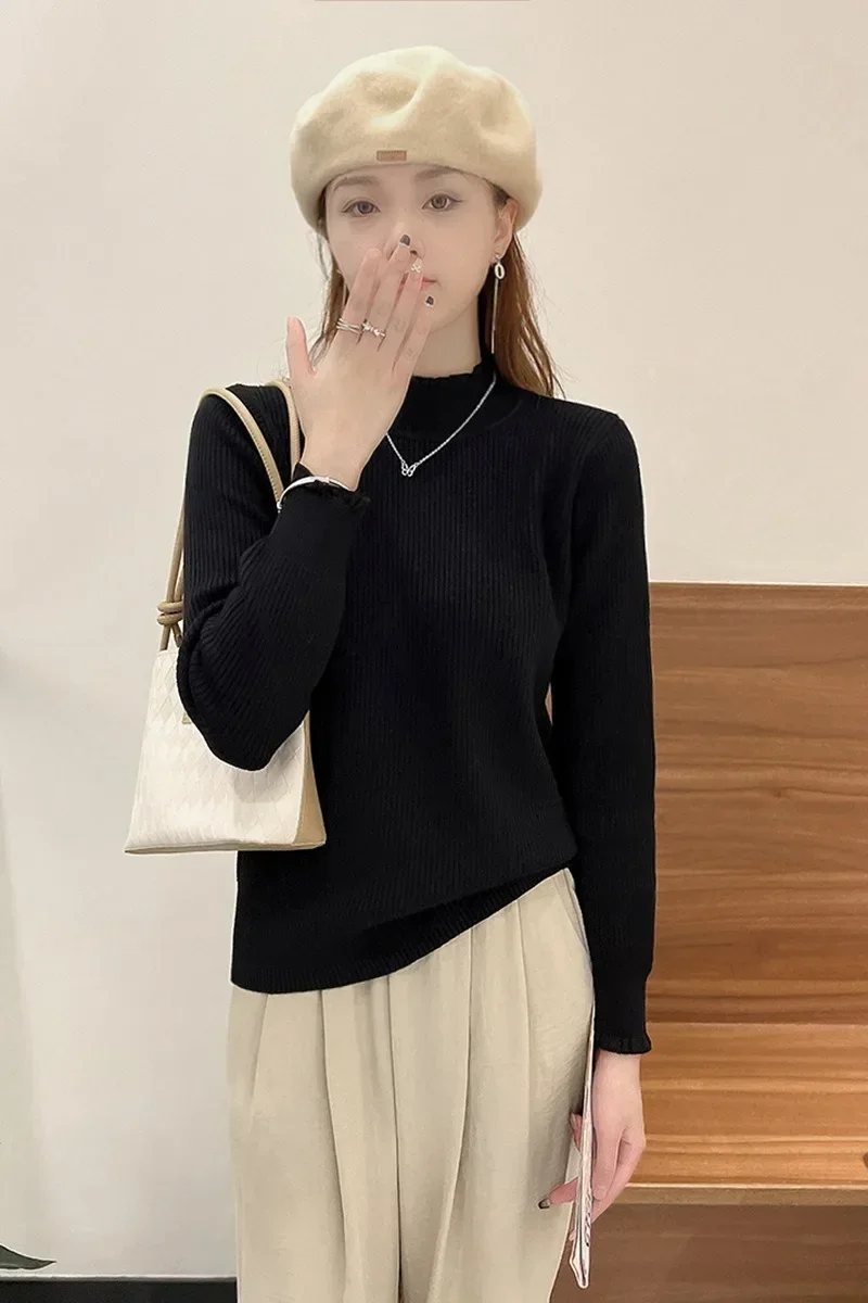 

Women Simple Autumn Winter Bottoming Shirt Solid Colors Rib Knitted Shirts New Lace Sleeve Neck Chic Knit Shirt Warm Fleeve Tops