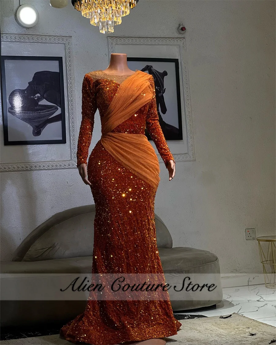 Luxury Orange Evening Dress For Women 2024 Long Sleeves Beading Sequins Foemal Gown Birthday Dress Vestidos De Noche