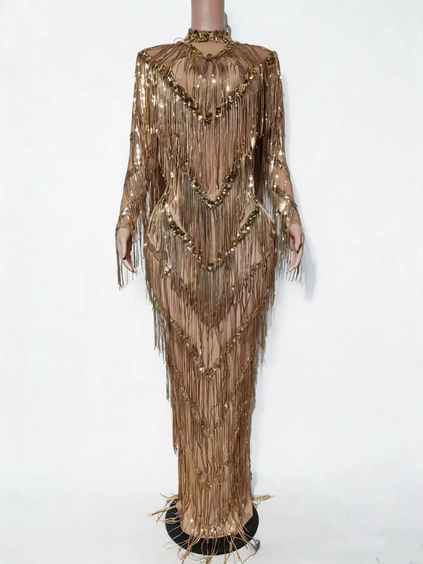 Dajinbei Luxury Gold Fringe Rhinestone Nude Mesh High Neck Long Sleeve Mermaid Dress Evening Wedding Guest Gown