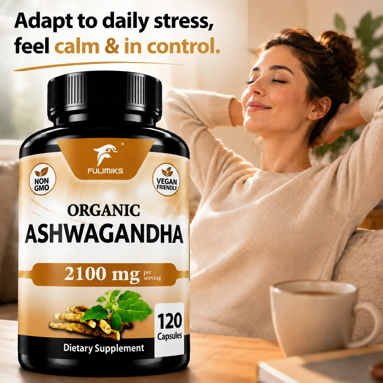 Organic Ashwagandha Supplement, Natural Stress Relief, Supports Calm Mood, Relaxation & Restful Sleep, Boost Daily Vitality