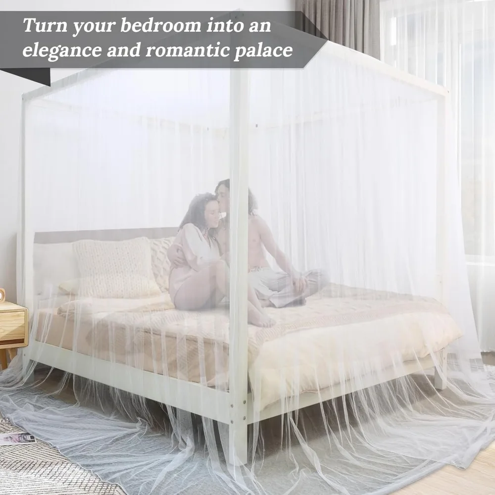 White Bed Canopy Curtains for Queen/King Beds, 4 Corner Design with Ripstop Polyester, Easy Installation