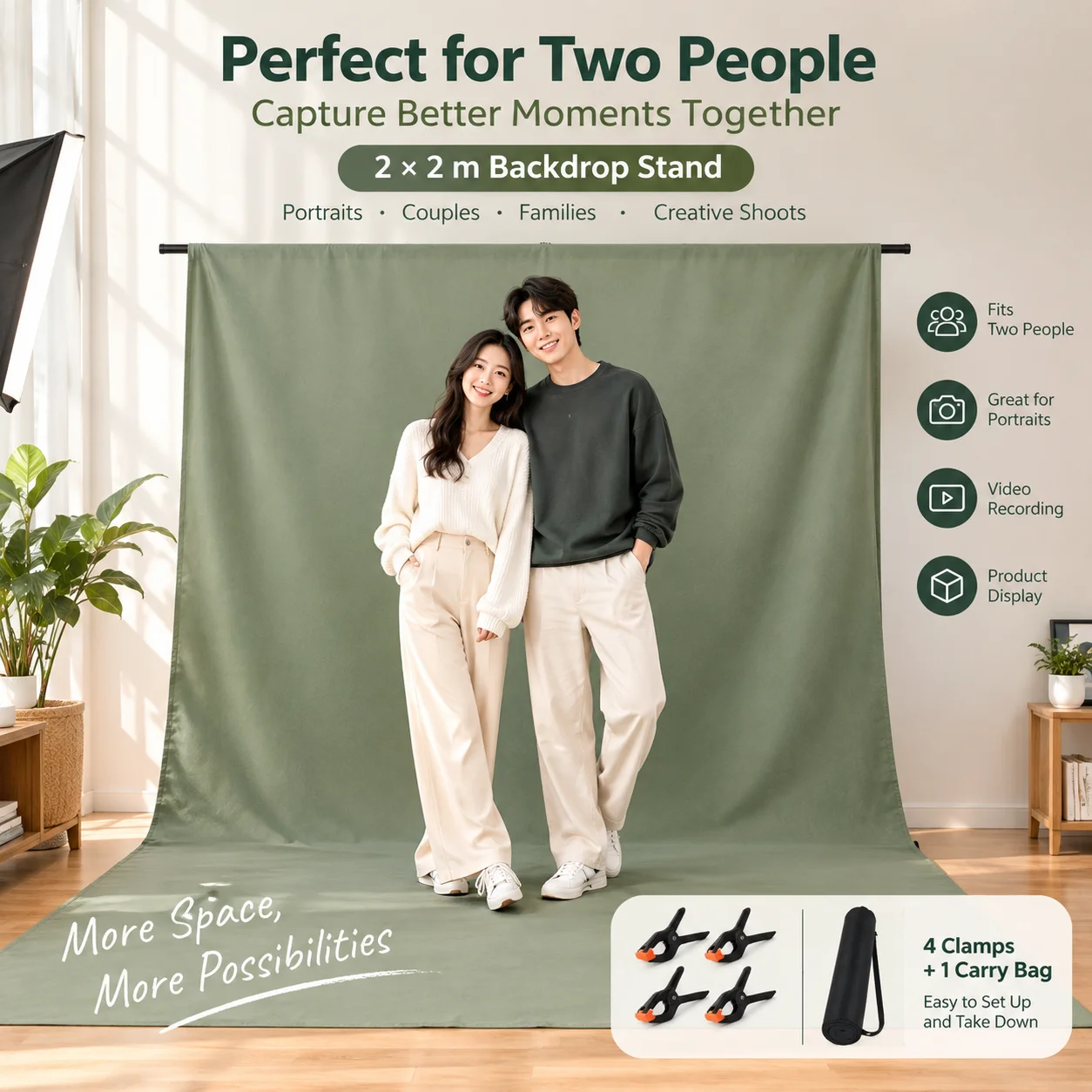 Adjustable Photography Backdrop Stand 2x2m 2x1.5m with 4 Clamps & Carrying Bag for Photo Studio Video Party