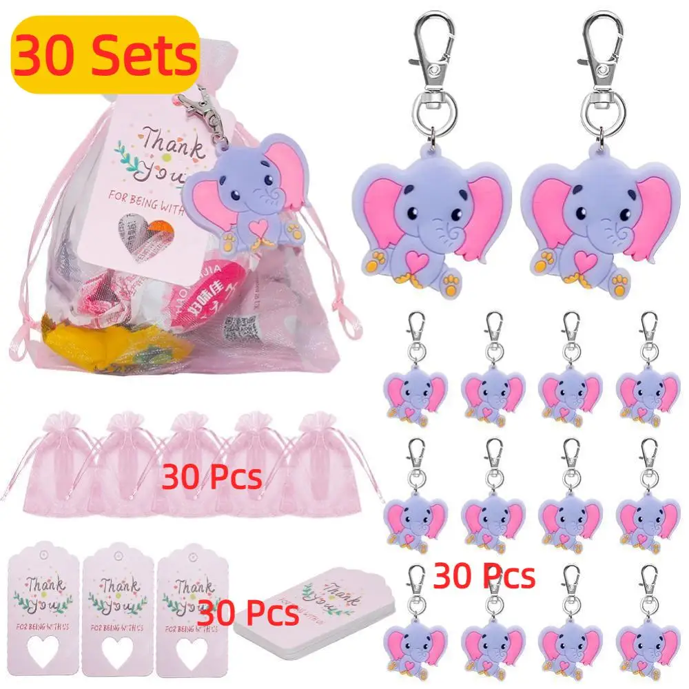 

30 комплектов брелок со слоном, сувениры для детского душа, подарки с сумками из органзы, бирки с благодарностью, сувениры для вечеринок для гостей, детей на день рождения