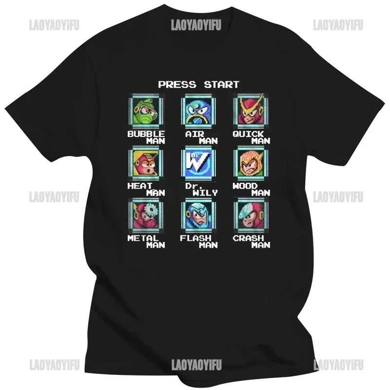 Oficial megaman player selecione camiseta masculina mega man videogame masculino impresso camiseta moda verão algodão casual presente masculino t camisa