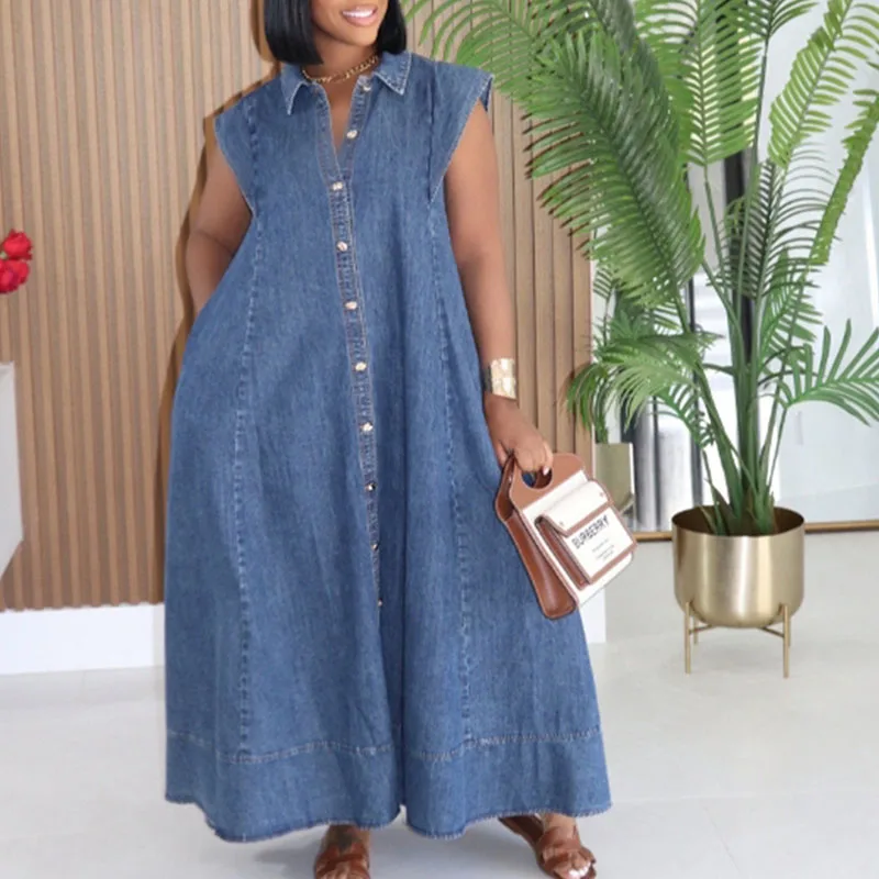 

Doyerl Casual Straight Loose Maxi Dress Woman Summer Turn-down Collar Single Breasted Shirt Style Club Party Denim Long Dresses