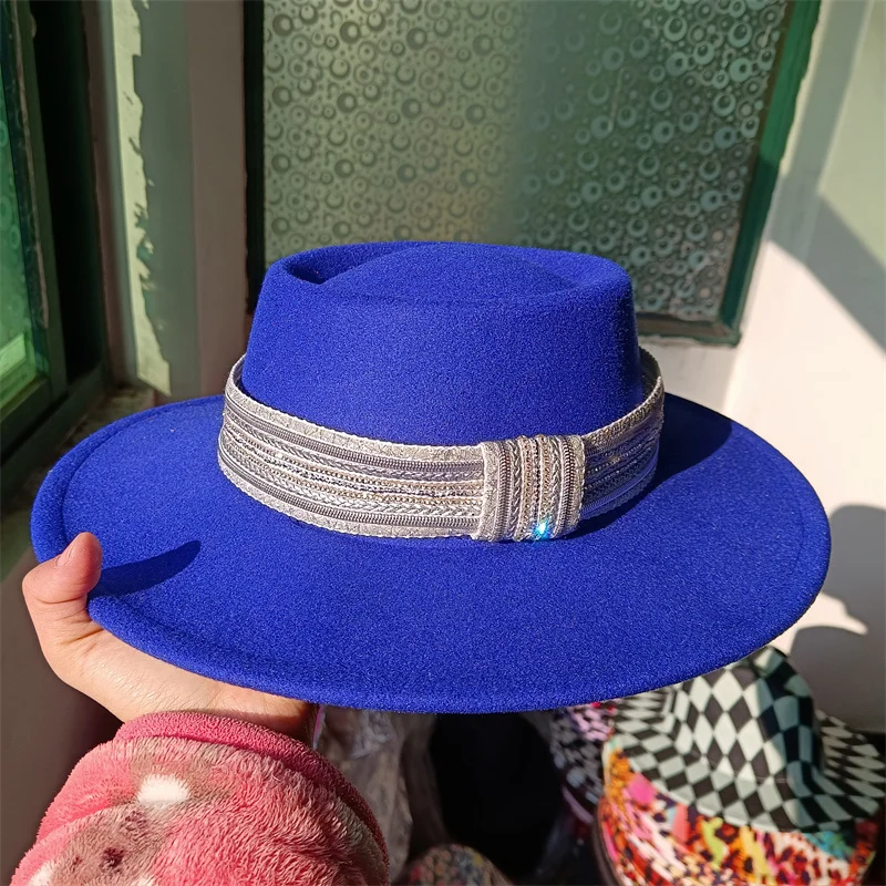 Fedora hat Women's hat Men's hat Women's fashion bright diamond accessories decoration Royal blue Panama hat Fedoras Gorras Muje