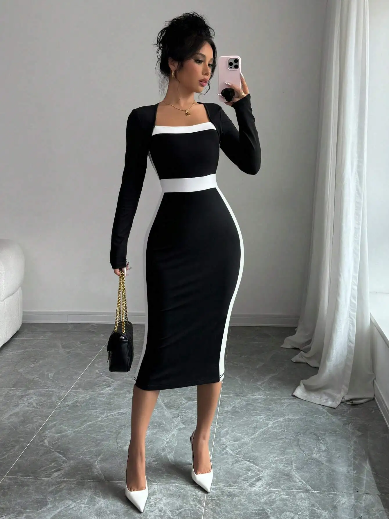 

Square Neck Color Block Bodycon Midi Dress for Women, Fall Fashion