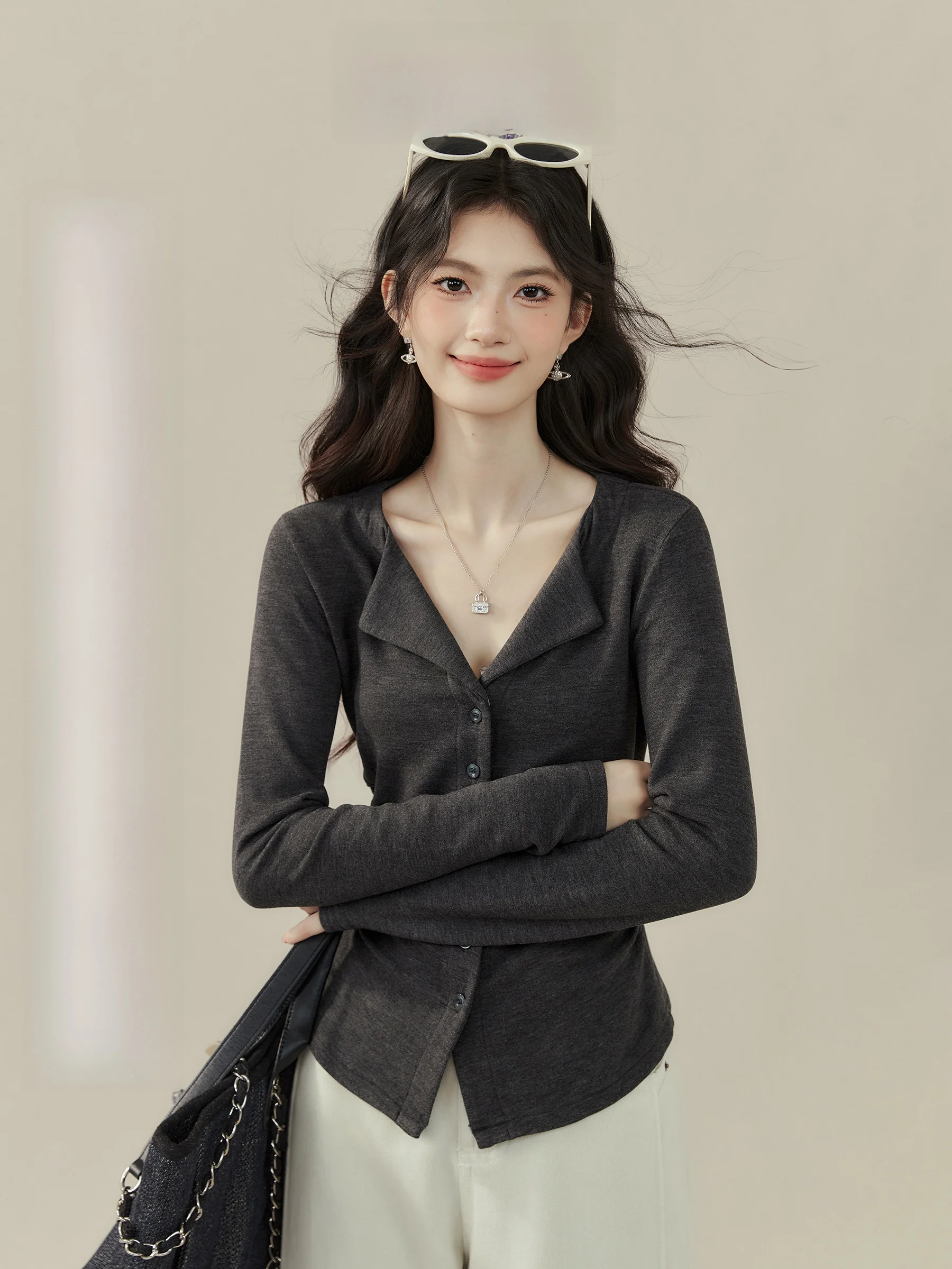 

ay V-ne открытый кардиган, вязаный облегающий базовый ирt, женская повседневная футболка с длинным свеком, нижнее белье больших размеров, топ