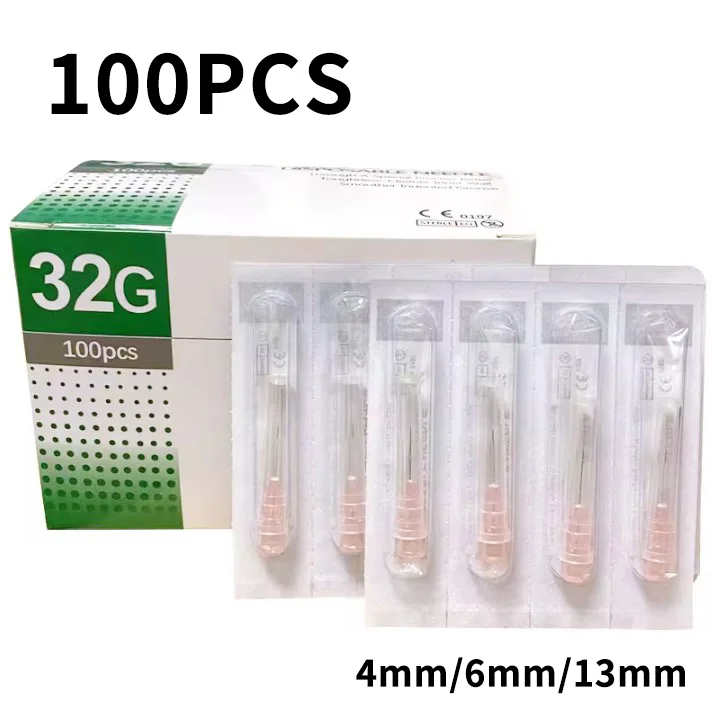 

32G Безболезненная игла 100PCS Красота ультратонкая 4 / 6 / 13 мм Прозрачный шприц Инъекционный клей Прозрачная крышка бутылки