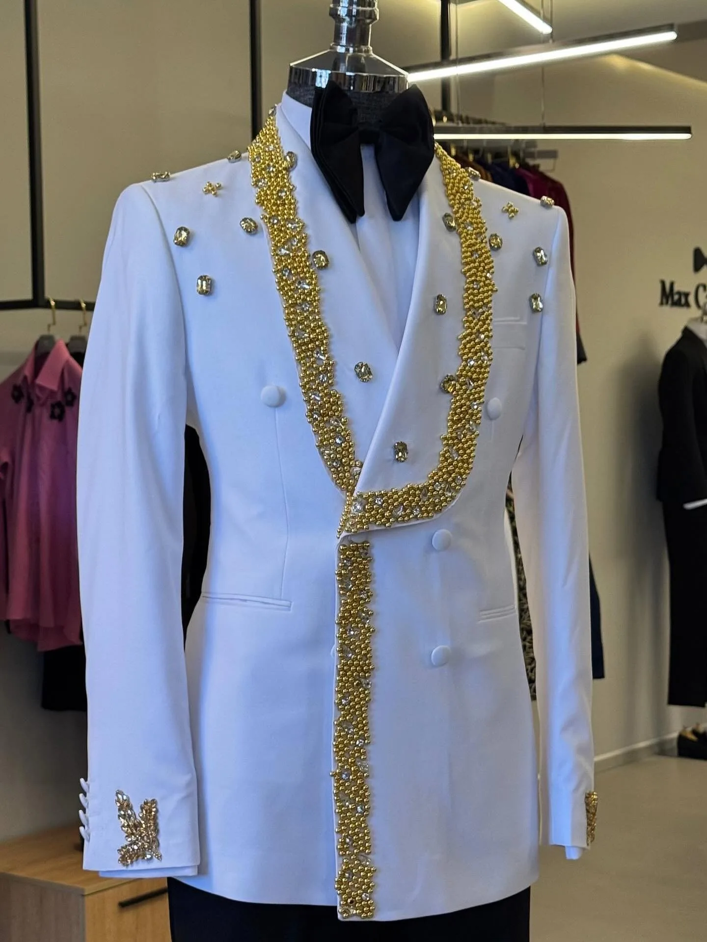 Luxe kralen kristal heren pak jas sjaal revers smoking dubbele rij knopen bruidegom slijtage zakelijk feest alleen blazer aangepast