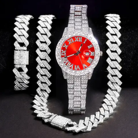 Exquisite Necklace+Watch+Bracelet Hip Hop Rapper Cuban Chain Gold Color Iced Out Paved Rhinestone Men African Jewelry Set New