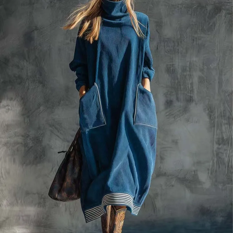 Women's Vintage Blue Ribbed Knit Dress Bohemian Turtleneck Oversized Casual Long Dress with Pockets