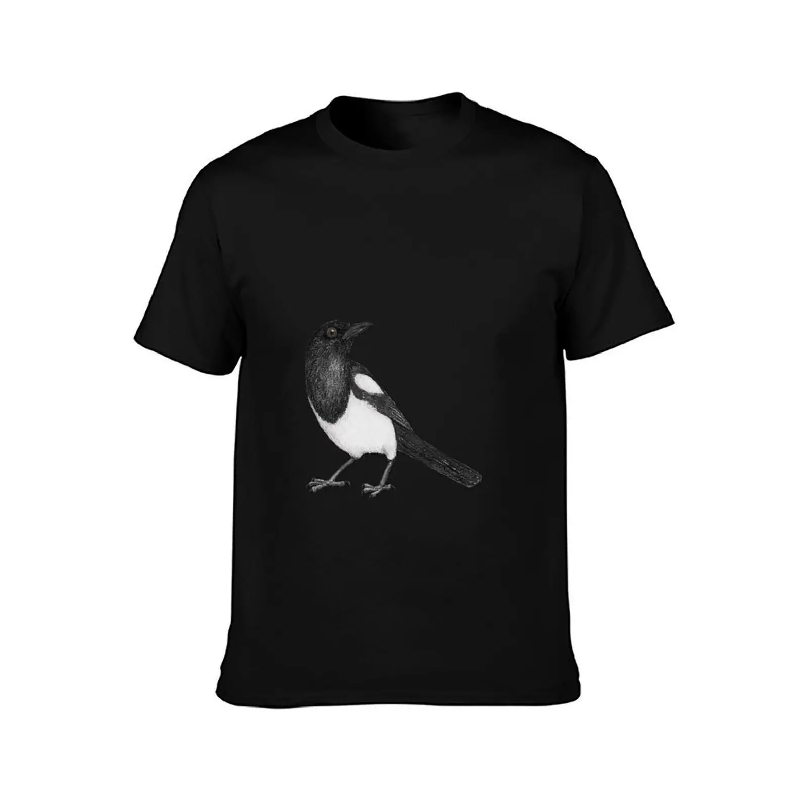 Magpie pencildrawing T-Shirt, Summer Casual Cotton Tee, Oversized Streetwear Tops, Vintage Graphic Print, Loose Fit Short Sleeve