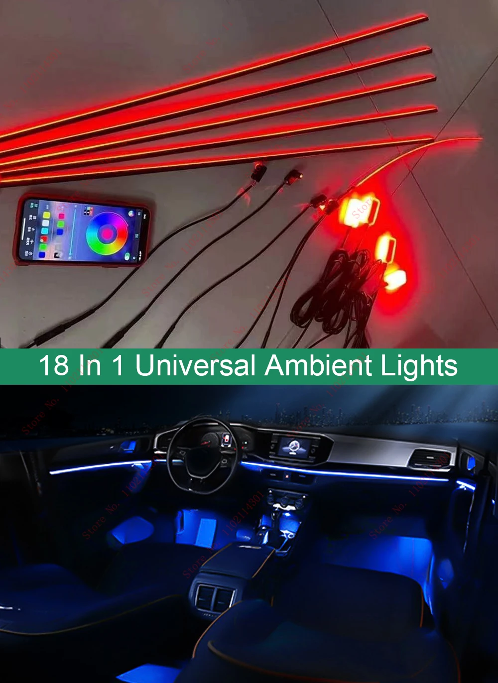 18 In 1 Universal LED Car Ambient Lights RBG 64 Color Interior Acrylic Strip Light Guide Fiber Optic Decoration Atmosphere Lamp