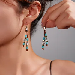 Fashionable retro turquoise bead flower leather rope woven tassel environmentally friendly women's earrings