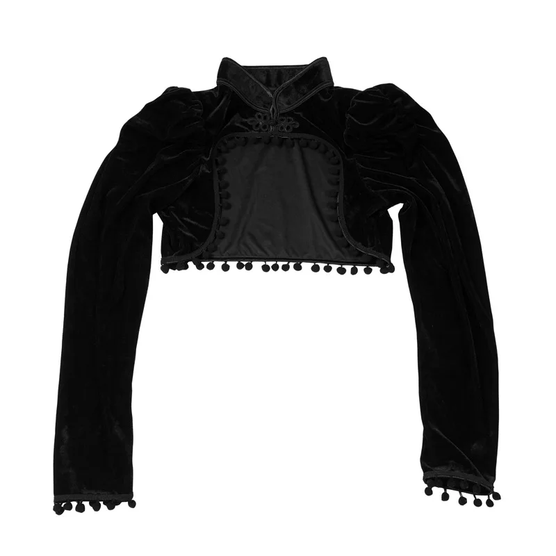 Mittelalterliche Steampunk-Jacke, Schwarze Quasten-Stehkragen-Kurzjacke, Damen-Gothic-Mantel, Nabelfreier Langarm-Retro-Slim-Fit-Mantel – Detail 5