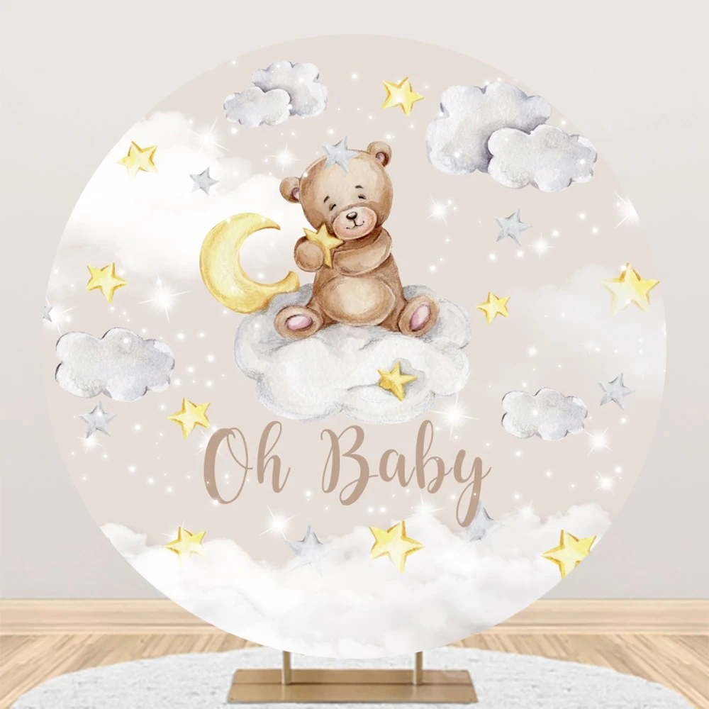 Teddy Bear Round Birthday Backdrop Newborn Baby Shower Balloon Stripe Circle Cover Photography Background Decor Polyester Props