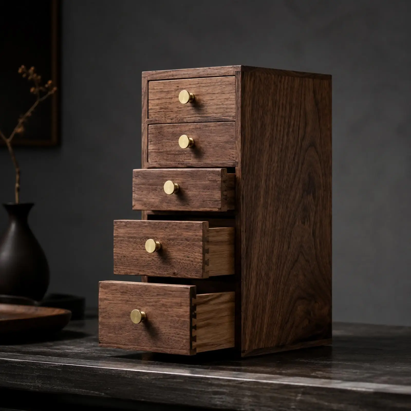 Small Walnut Storage Cabinet with Brass Tone Knobs for Desk Drawer Unit Organizing Cables and Trinkets