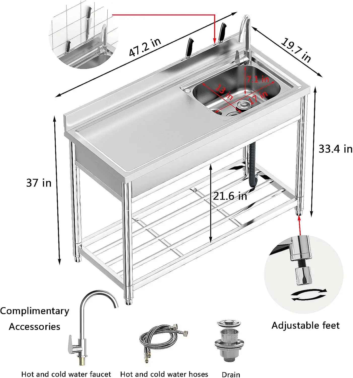 Free Standing Stainless-Steel Single Bowl, Commercial Restaurant Kitchen Sink Set w/Faucet & Drainboard, Prep & Utility Washing