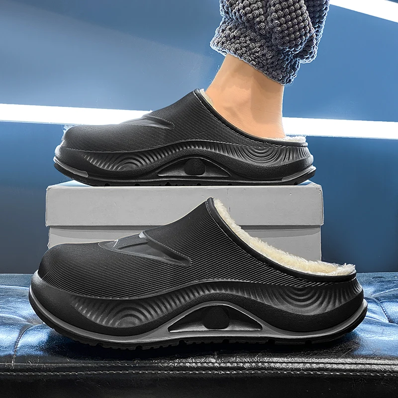 

Новые модные хлопковые тапочки, мужские зимние теплые домашние хлопковые туфли, непромокаемая садовая обувь, домашняя лаконичная обувь без шнуровки, размеры 38-47