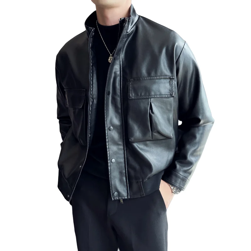 Autumn and Winter Leather Jacket Men's Fashion Casual Standing Collar Motorcycle Jacket Outdoor Solid Color Sports Jacket