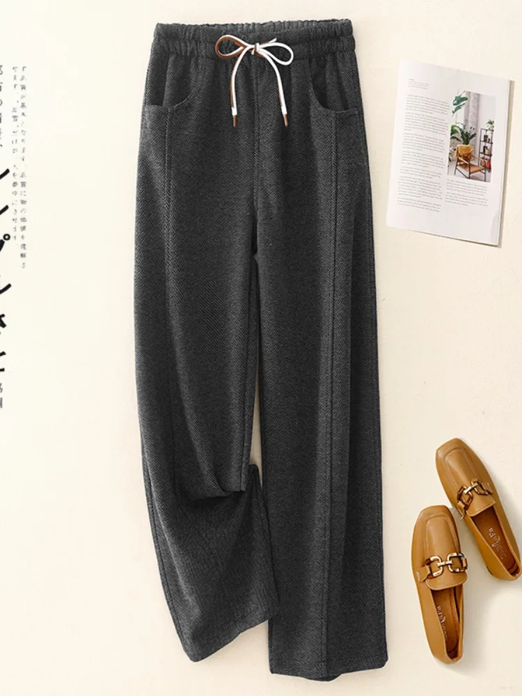 하이웨이스트 와이드 레그 팬츠 여성 캐주얼 스트레이트 컷 바지 겨울용 신축성 있는 허리 벨트 슬림핏 나이프 팬츠