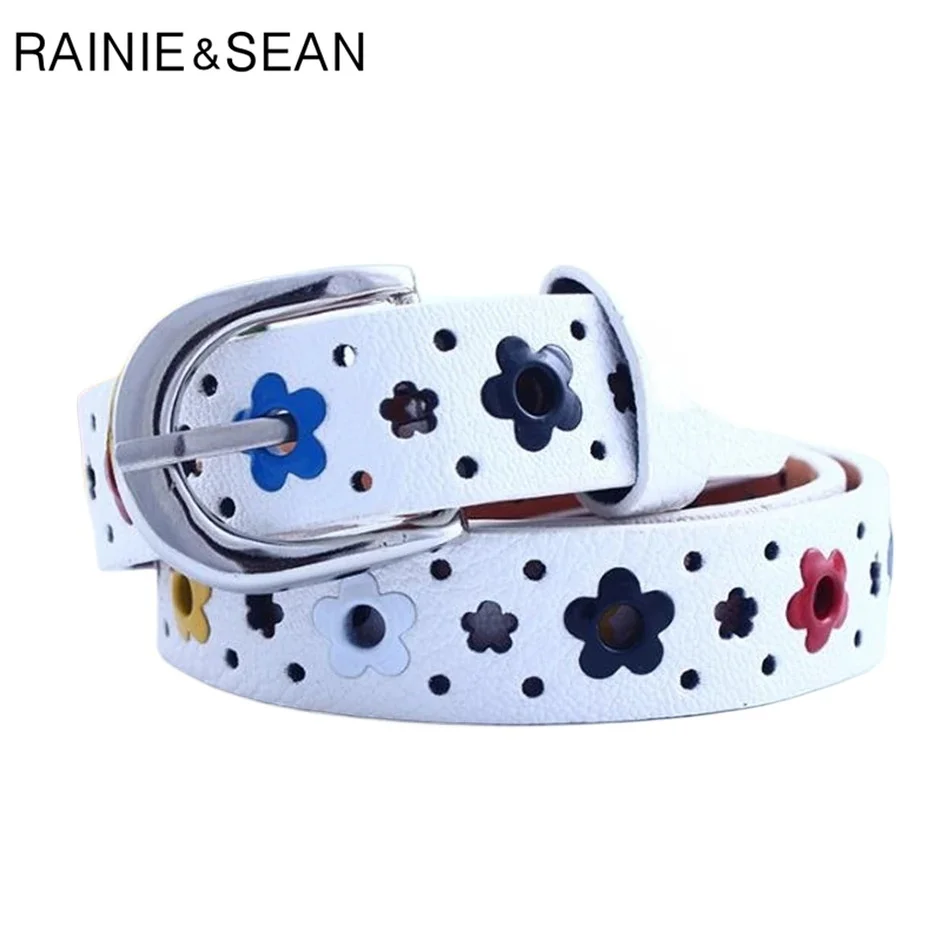 

RAINIE SEAN White Fashion Design Flower Girl Belt for Children Hollow Out Cute Waist Belt Pin Buckle Fashion Kids Leather Belt