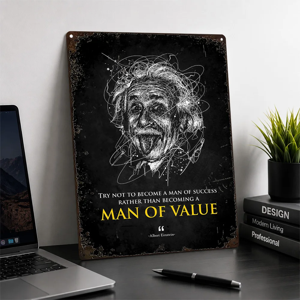 Einstein Man Of Value Quote Printed Poster Scribble Wall Art For Home Office Personalized Aluminum Metal Sign Science Fan Gift