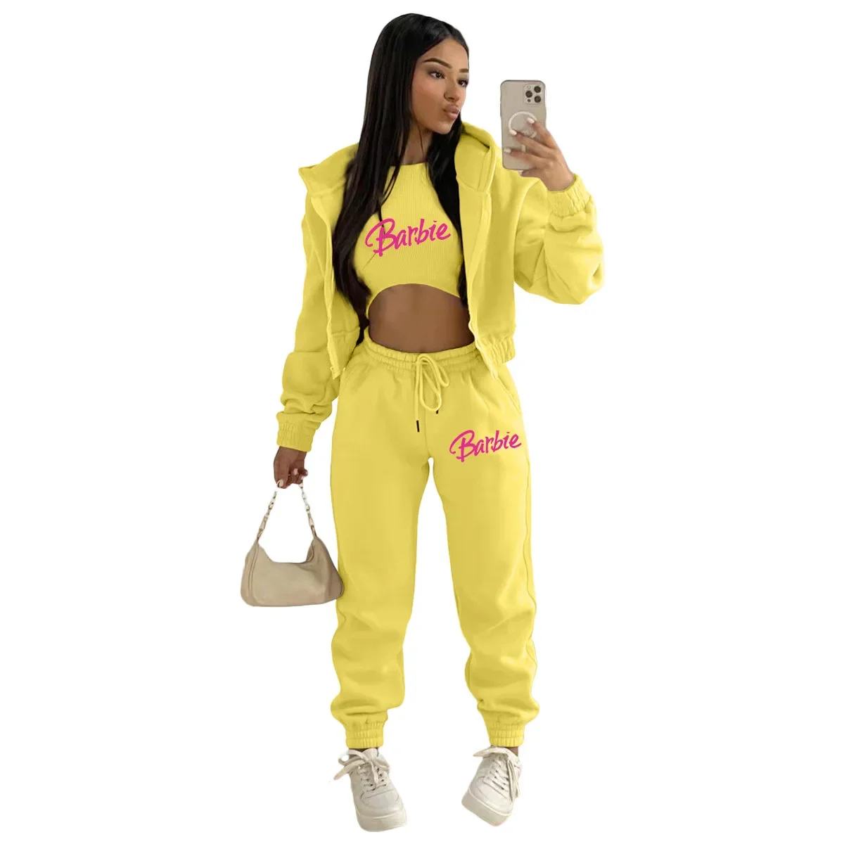 Barbie Fleece Sweatshirt Hooded Sports Casual Suit Anime Leisure Girl Jacket Vest Sweatpants Three-piece Set Clothing Gifts