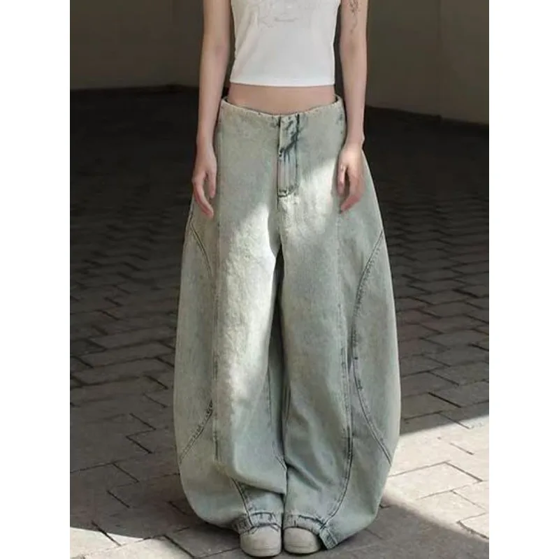 American Retro Large Size Washed Old Scimitar Jeans Women's Street Loose and Thin Wide Legs Pendant Long Pants