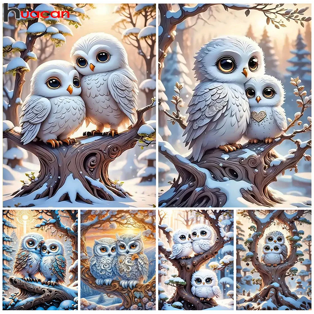 Huacan Full Diamond Painting Animal Owl Complete Kit Diy 5d Dimond Mosaic Landscape Winter Home Decorative Rhinestone Pictures