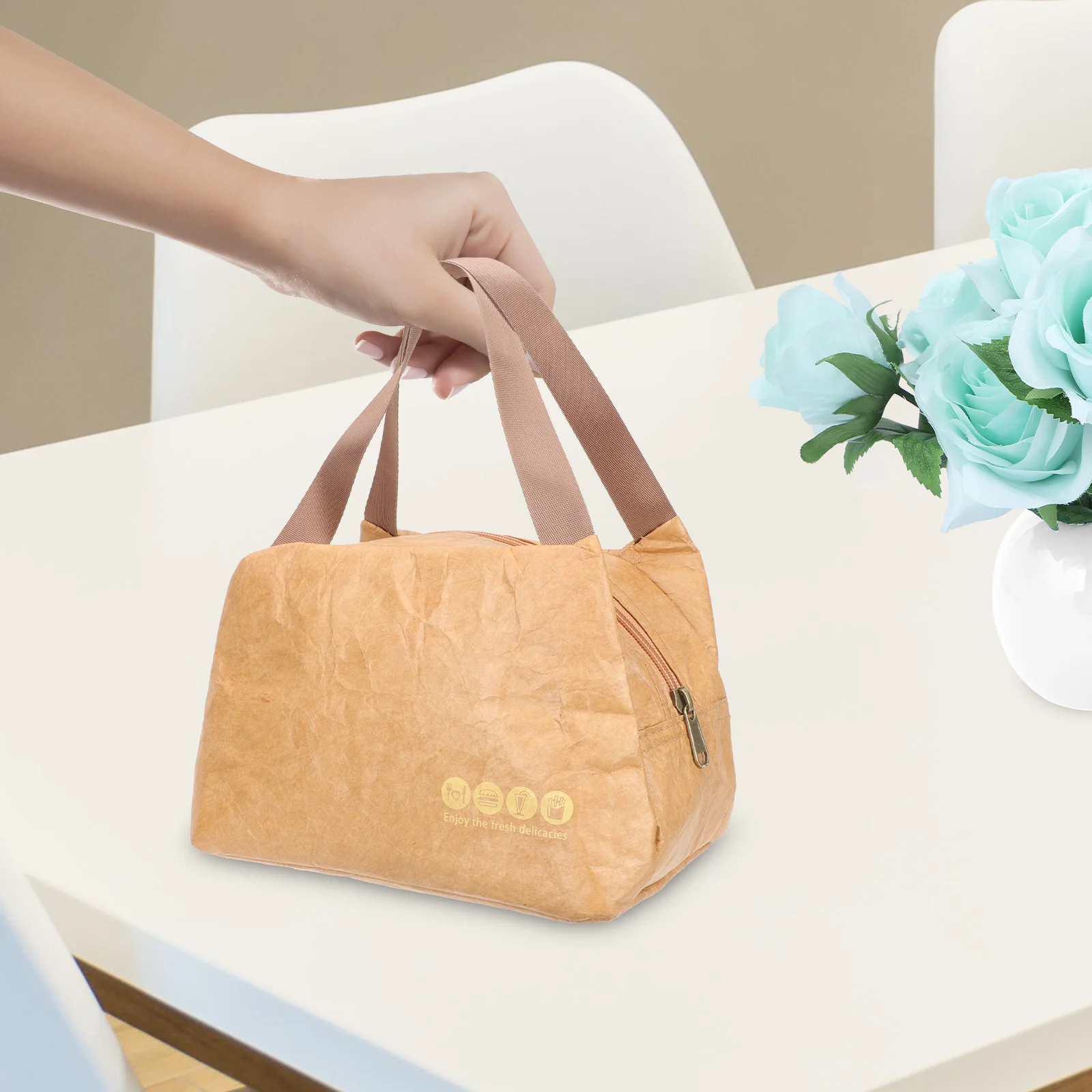 

Insulated Lunch Bag Waterproof Wear Resistant Zipper Lightweight Collapsible Bento Kraft Paper Tote Carrier Reusable Brown Meal