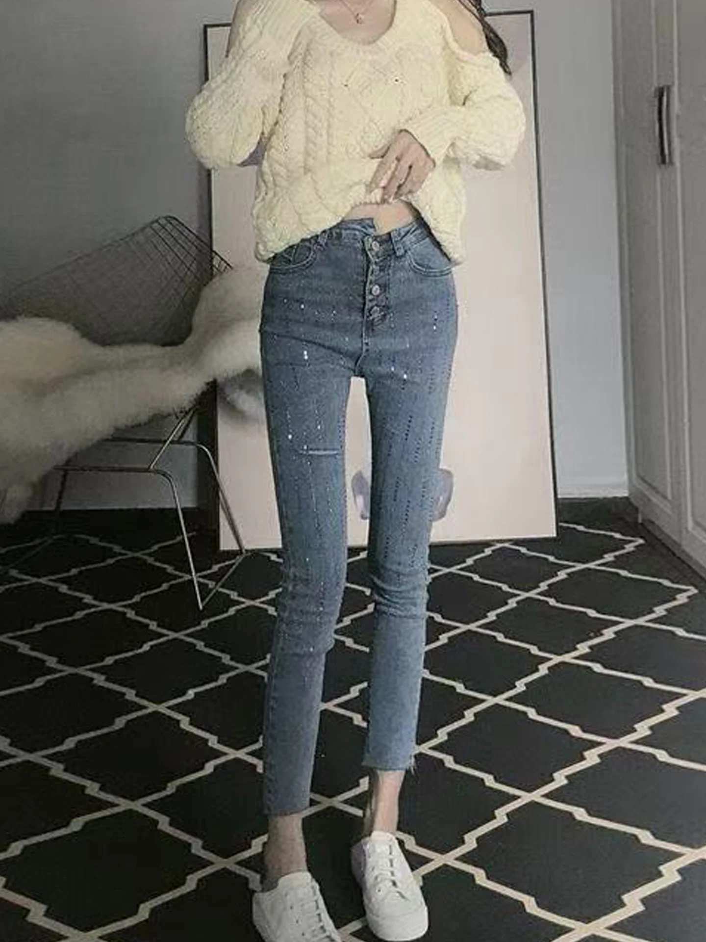 

High Waist Slim Fit Denim Jeans Women's Summer New Style Personality Diamond Embellished Elastic Button Asymmetrical Skinny P...